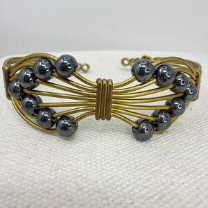 Handmade Wire‎ Wrapped Cuff Bracelet Hematite Beads Brass Tone